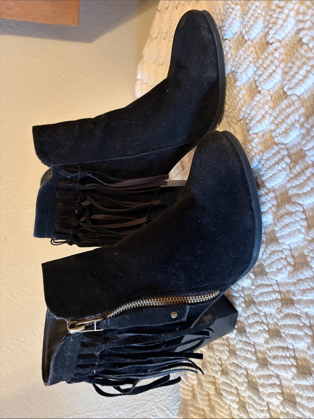 Breckelles Black Suede Fringe Ankle Booties with Side Zip